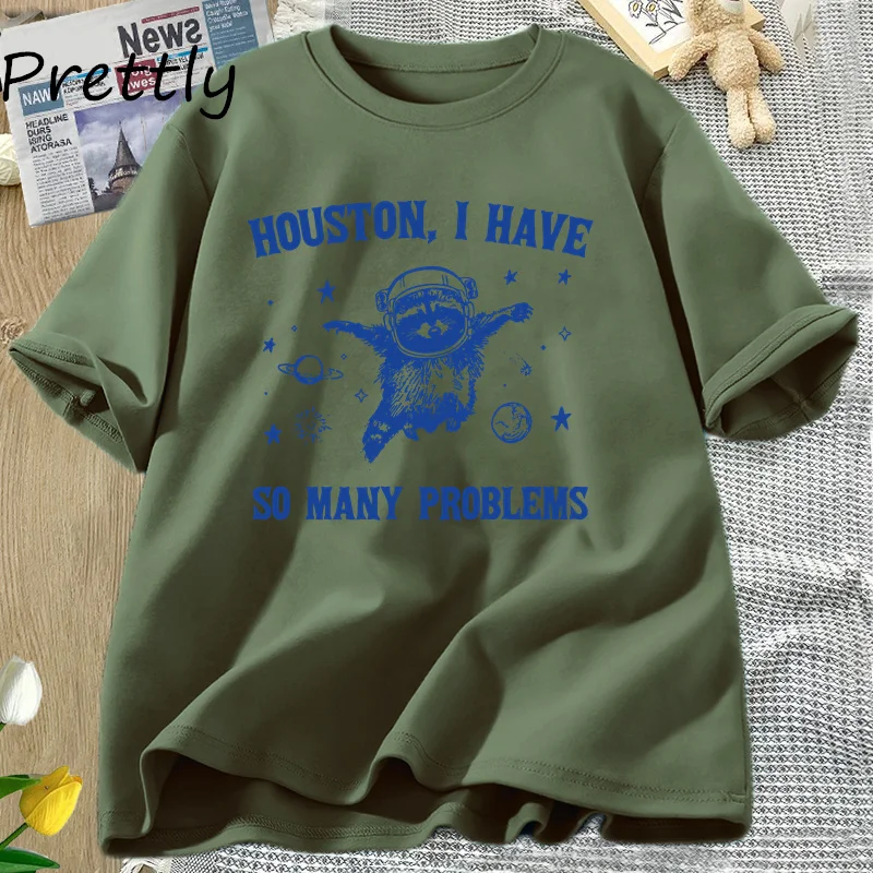 Camisetas de Houston I Have So Many Problems, camisetas divertidas con gráfico de mapache en la luna espacial, ropa vintage de manga corta de algodón para mujer