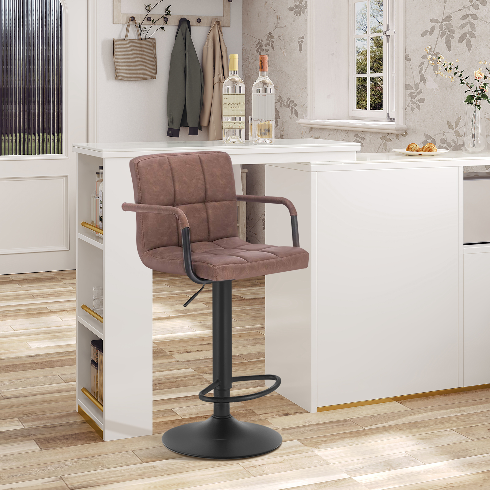 WOLTU 2PCS Velvet Bar Stool Height-Adjustable Rotatable Bar Counter Chair with Backrest Padded Seat Armrest Dining Kitchen Chair