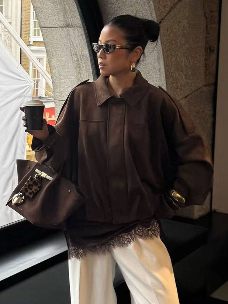 HH-abrigos holgados lisos con textura de gamuza para mujer, moda urbana, informales, mangas largas de murciélago, solapa, cremallera, chaquetas Vintage de invierno