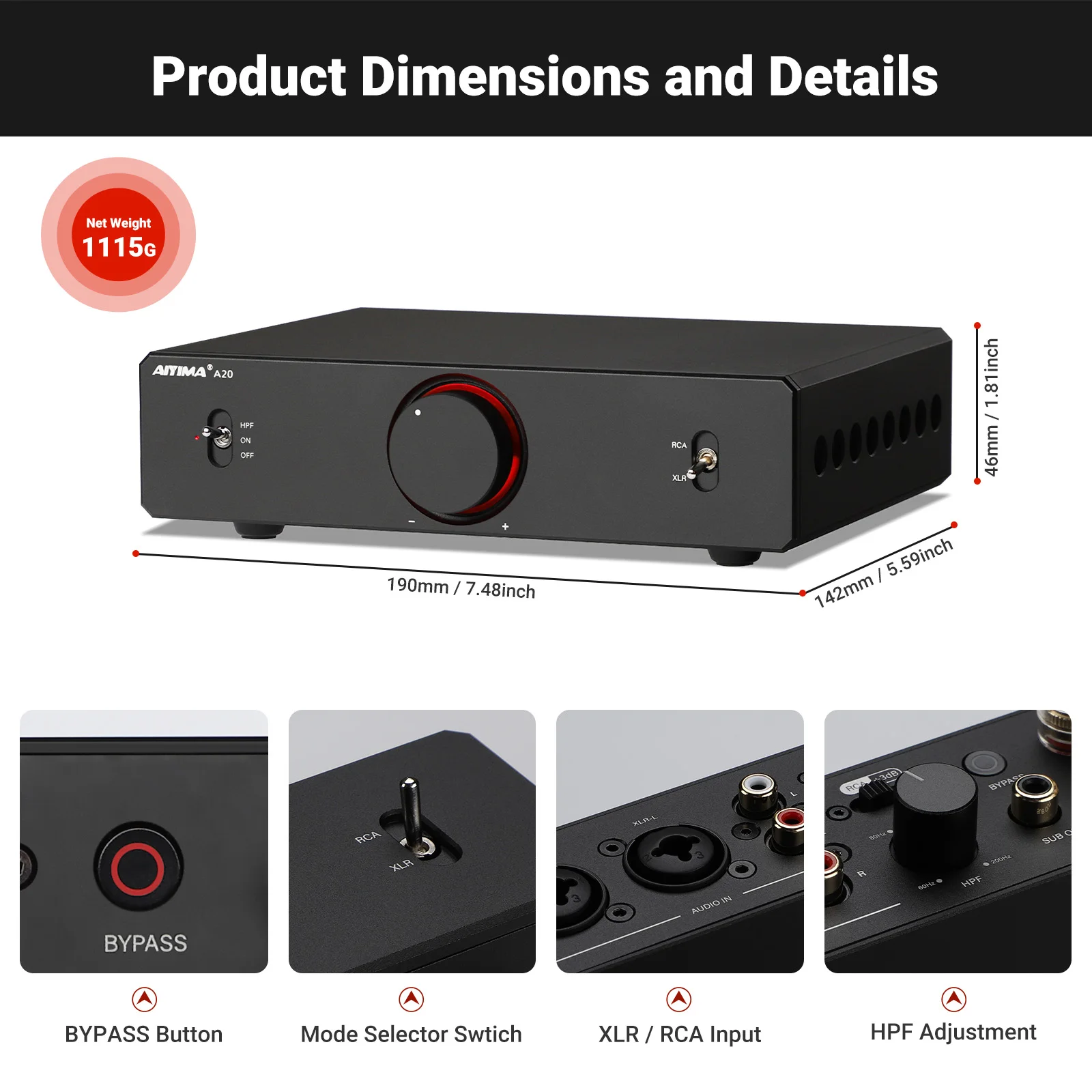 AIYIMA A20 PFFB Stereo Power Amplifier TPA3255 HiFi 2.0 Audio Amp 300Wx2 with XLR/RCA Fully Balanced input HPF High Pass Filter