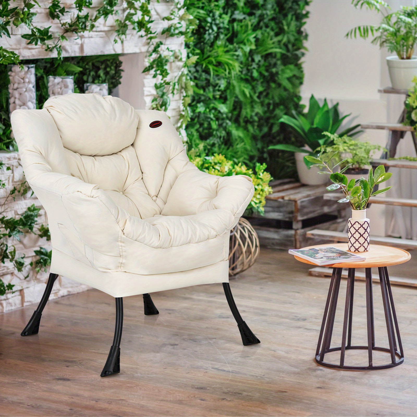 Costway Moderner Lazy Chair aus Polyestergewebe, Einzelsofastuhl mit Seitentasche, Beige
