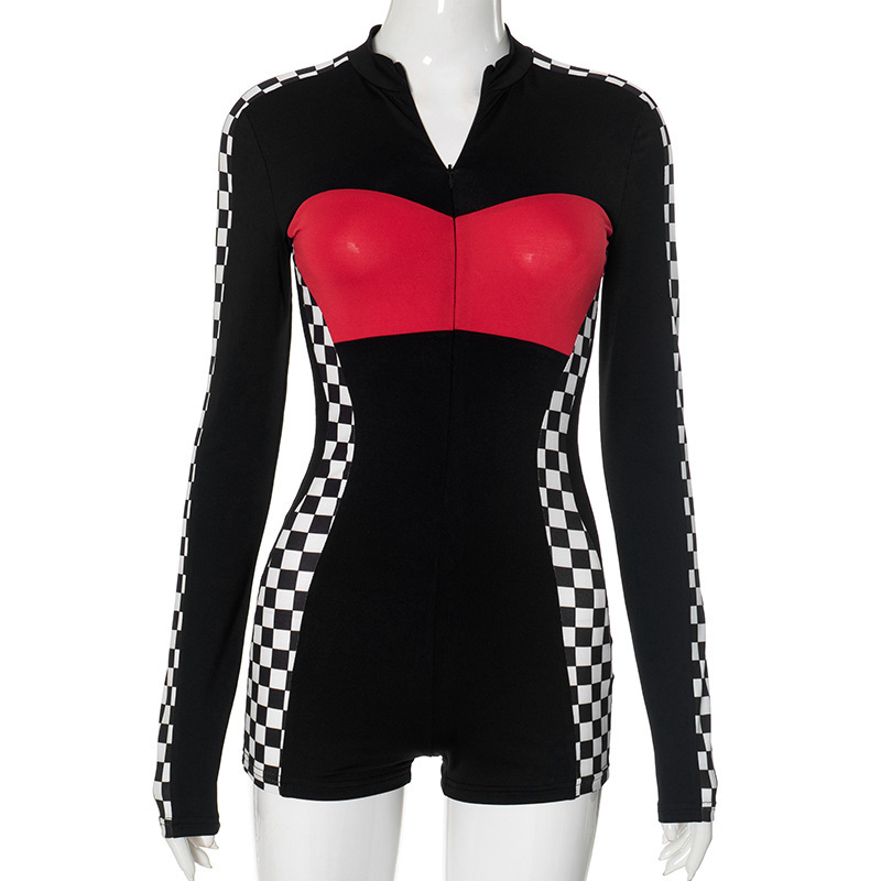 Apprabant racing macacão streetwear bloqueio cor playsuits moda apertado encaixe lapela manga comprida e shorts sexy macacão