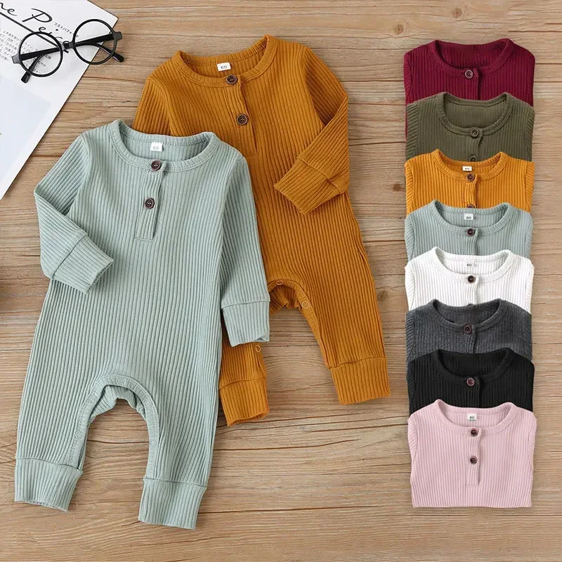 Lente herfst pasgeboren baby baby jongens meisjes volledige mouw rib katoenen romper speelpakje jumpsuit
