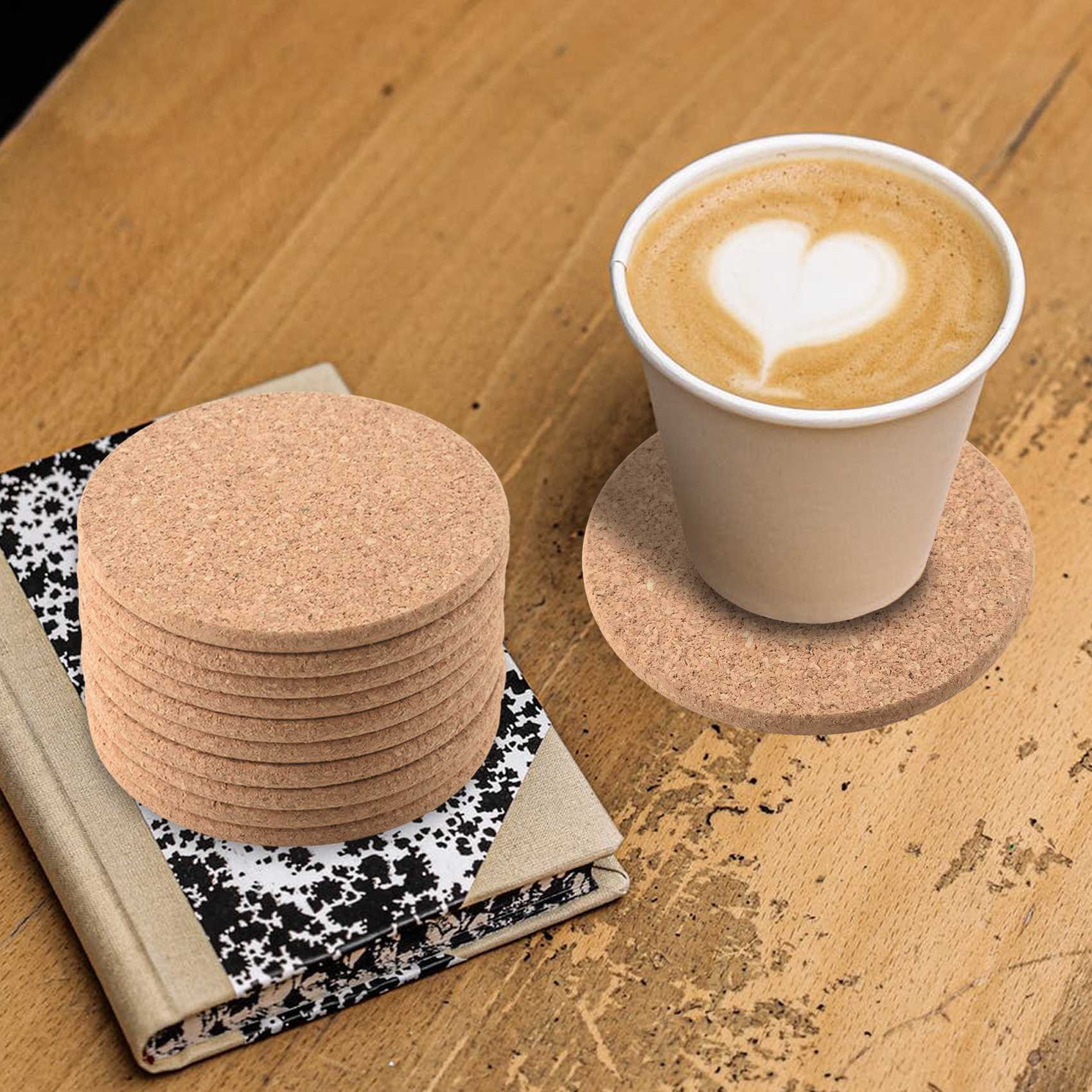 Set of 10 Cork Bar Drink Coasters - Absorbent and Reusable - 90mm, 5mm Thick