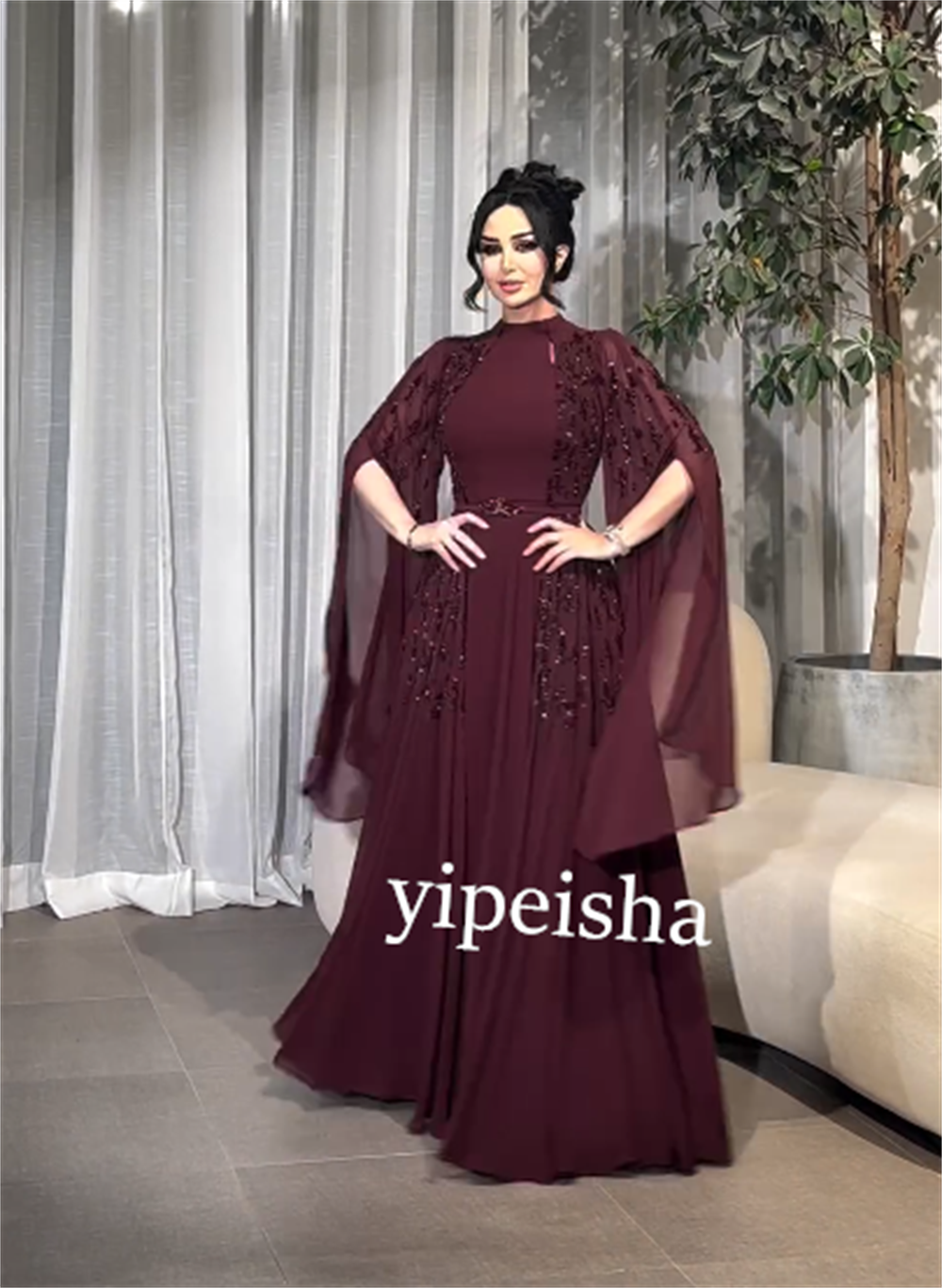 Jersey personalizado rebordear drapeado Navidad una línea de cuello alto vestido de ocasión a medida vestidos largos