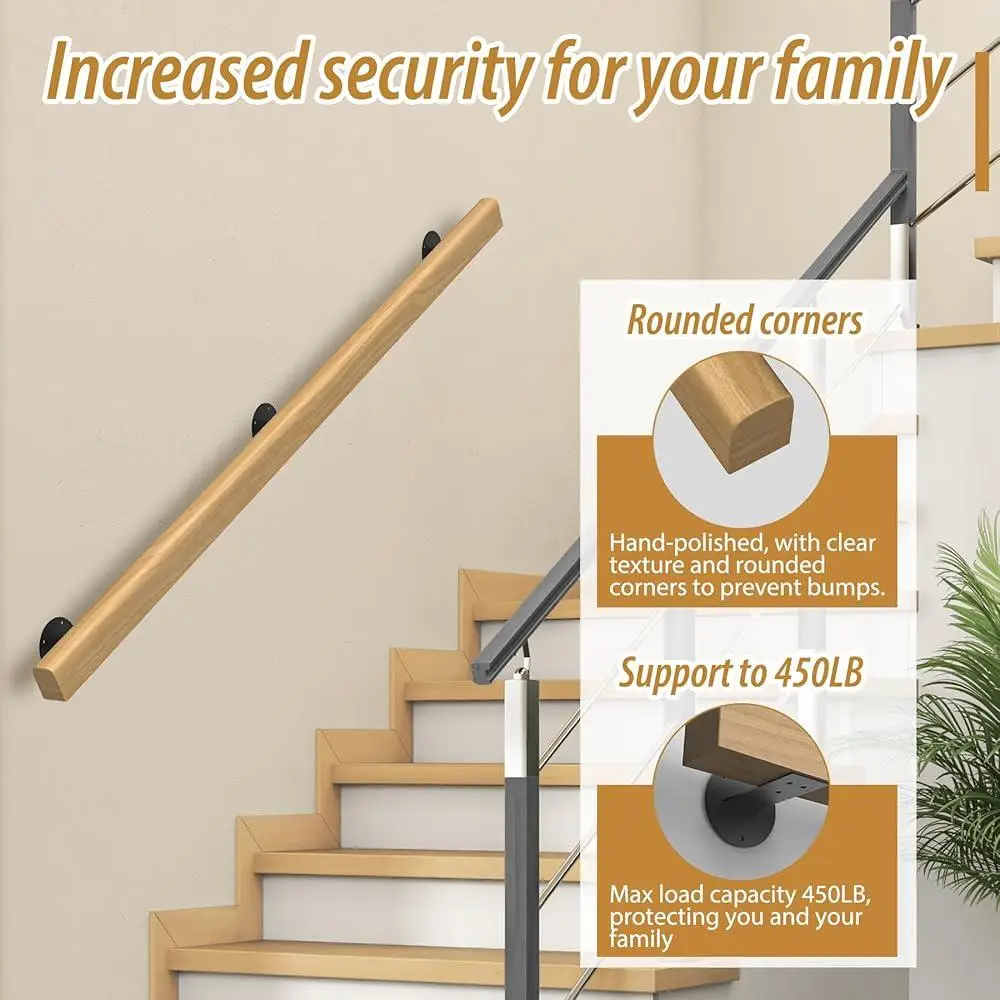 2FT Wooden Stair Handrail Non-Slip Sturdy Wall Mount Pine Support Indoor Outdoor Safety Handrails Easy Installation