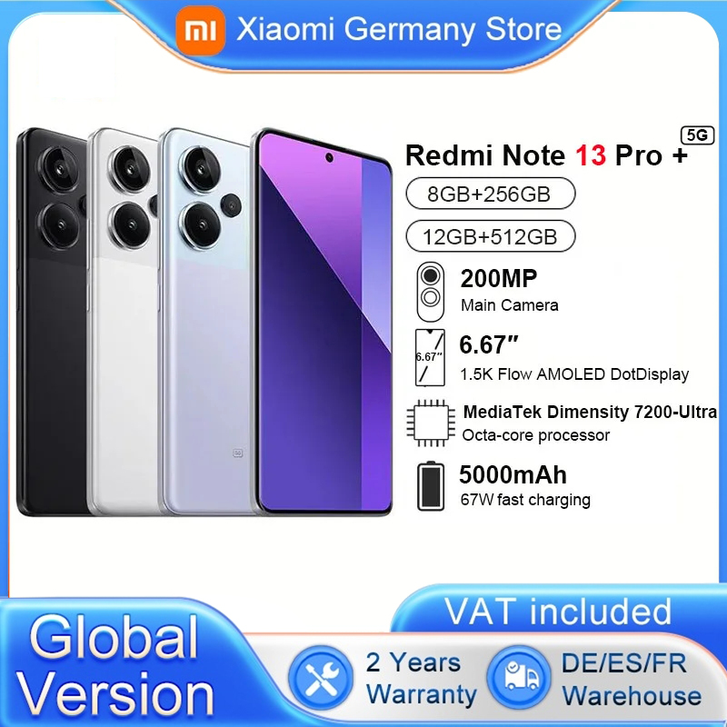 Versão global Xiaomi Redmi Note 13 Pro + Plus 5G MTK Dimensity 7200-Ultra 6,67 '' 120Hz AMOLED 120W Hyper Charging 200MP Câmera