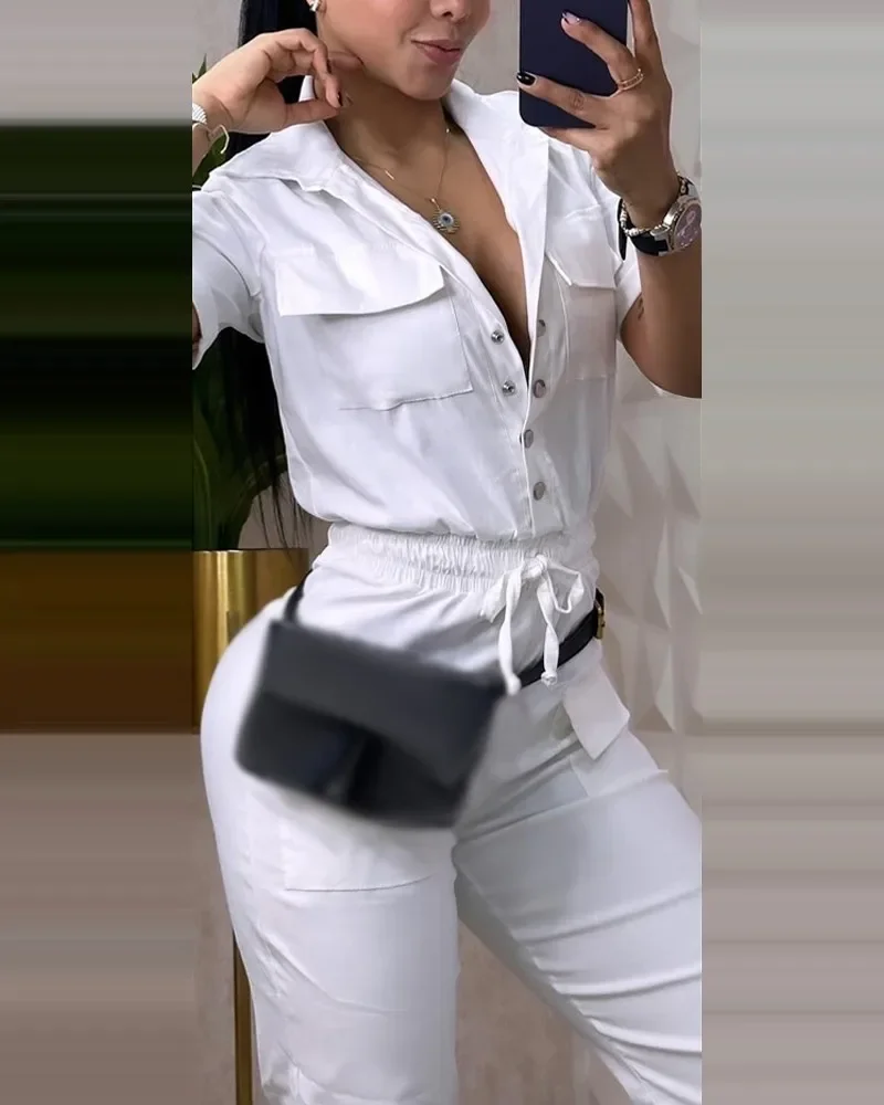 ใหม่แฟชั่นผู้หญิงทํางาน Jumpsuit แขนสั้นออกแบบเปิดลงปกเอวยางยืด Drawstring Cuffed Cargo Jumpsuit