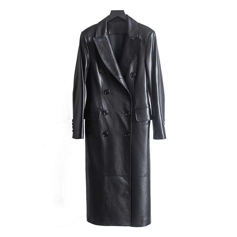 Casaco de pele de carneiro trespassado feminino, roupa de couro comprida, gola de terno, blusão genuíno, OL primavera e outono