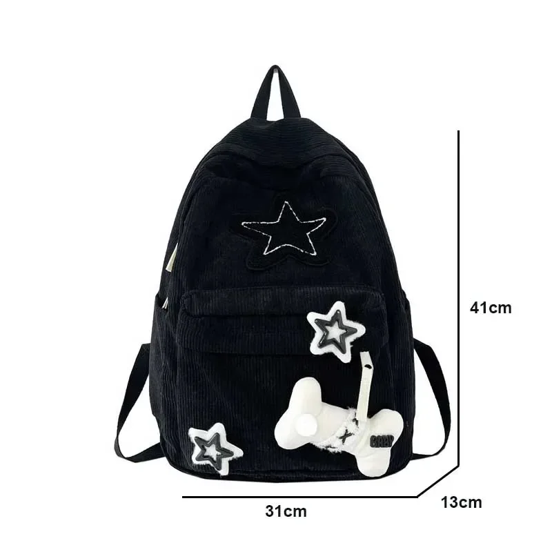 Y2K 걸스 스타 패턴 노트북 배낭 십대 학생 대용량 학교 Bookbag 코듀로이 배낭 더블 스트랩 숄더 백
