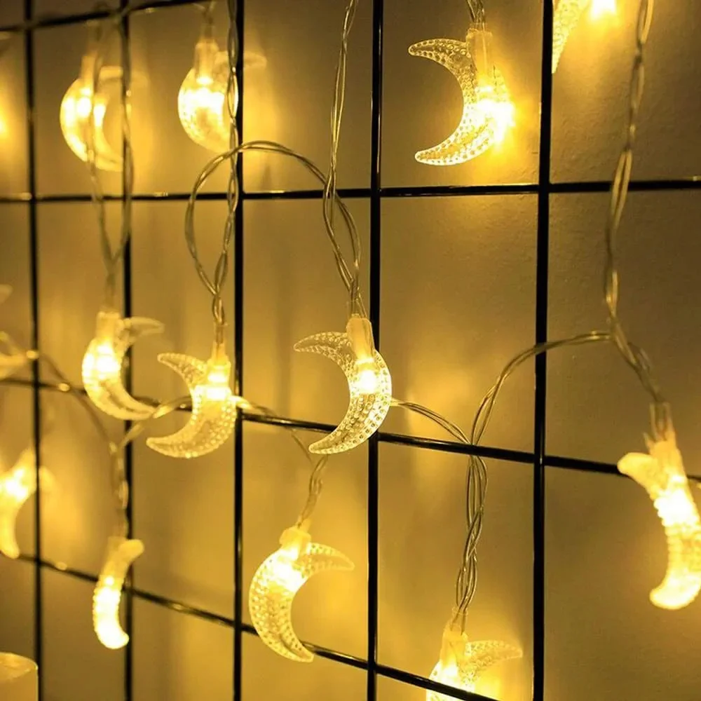 Guirnalda de luces LED con forma de luna para Navidad, guirnaldas parpadeantes alimentadas por batería, luces de hadas decorativas para fiestas y bodas, 10/20/40 LED
