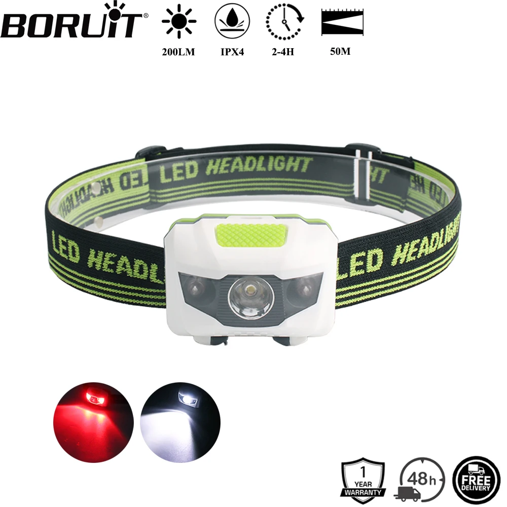 BORUiT Mini faro LED rojo y blanco, 4 modos, 200LM, ligero, impermeable, para acampar, senderismo, uso de batería AAA