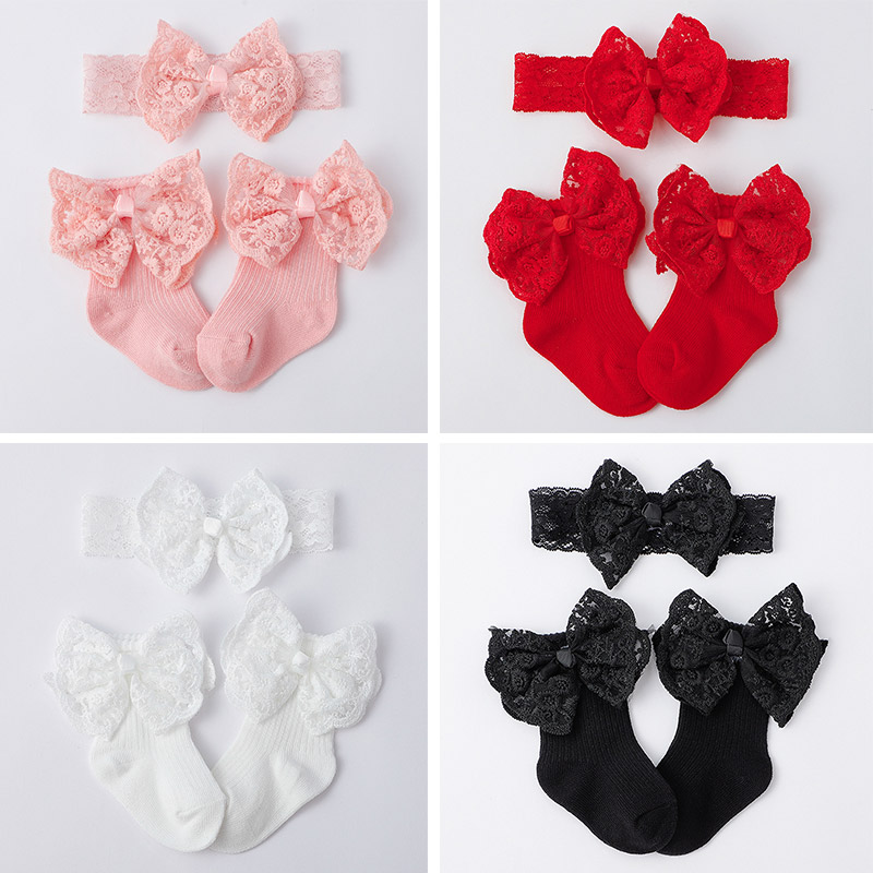2 шт./компл., детские носки с кружевным бантом и повязкой на голову, весенне-осенние милые эластичные головные уборы для девочек, головные уборы для детей 6-12 месяцев, хлопковые носки средней длины
