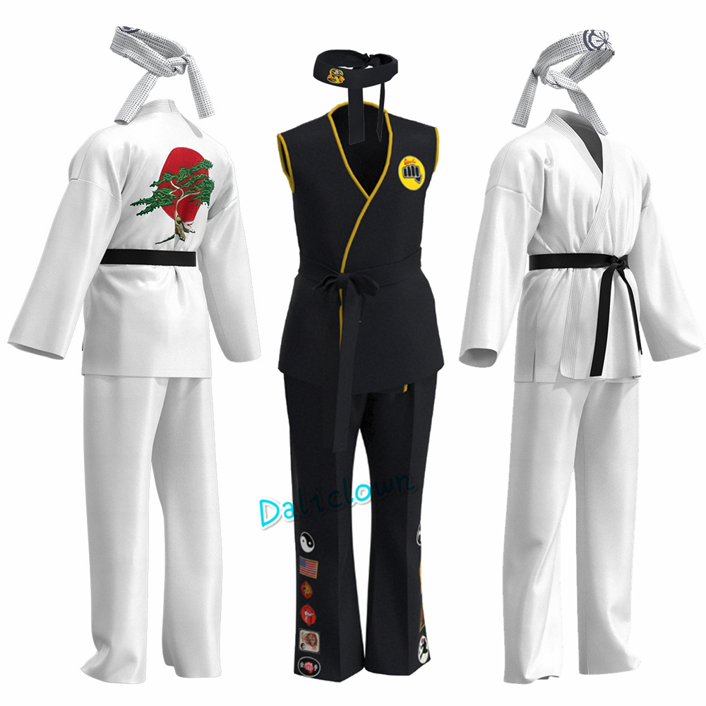 Karate crianças kof cobra kai cosplay traje criança adulto preto branco quimono uniforme bandana anime festa de halloween terno agasalho