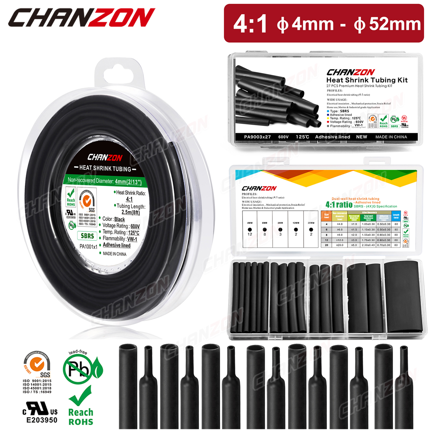 4:1 wasserdichtes Schrumpfschlauch-Set in mehreren Farben, Polyolefin in Marinequalität, langes beheiztes Schrumpfband, Drahtschlauch, elektrisch