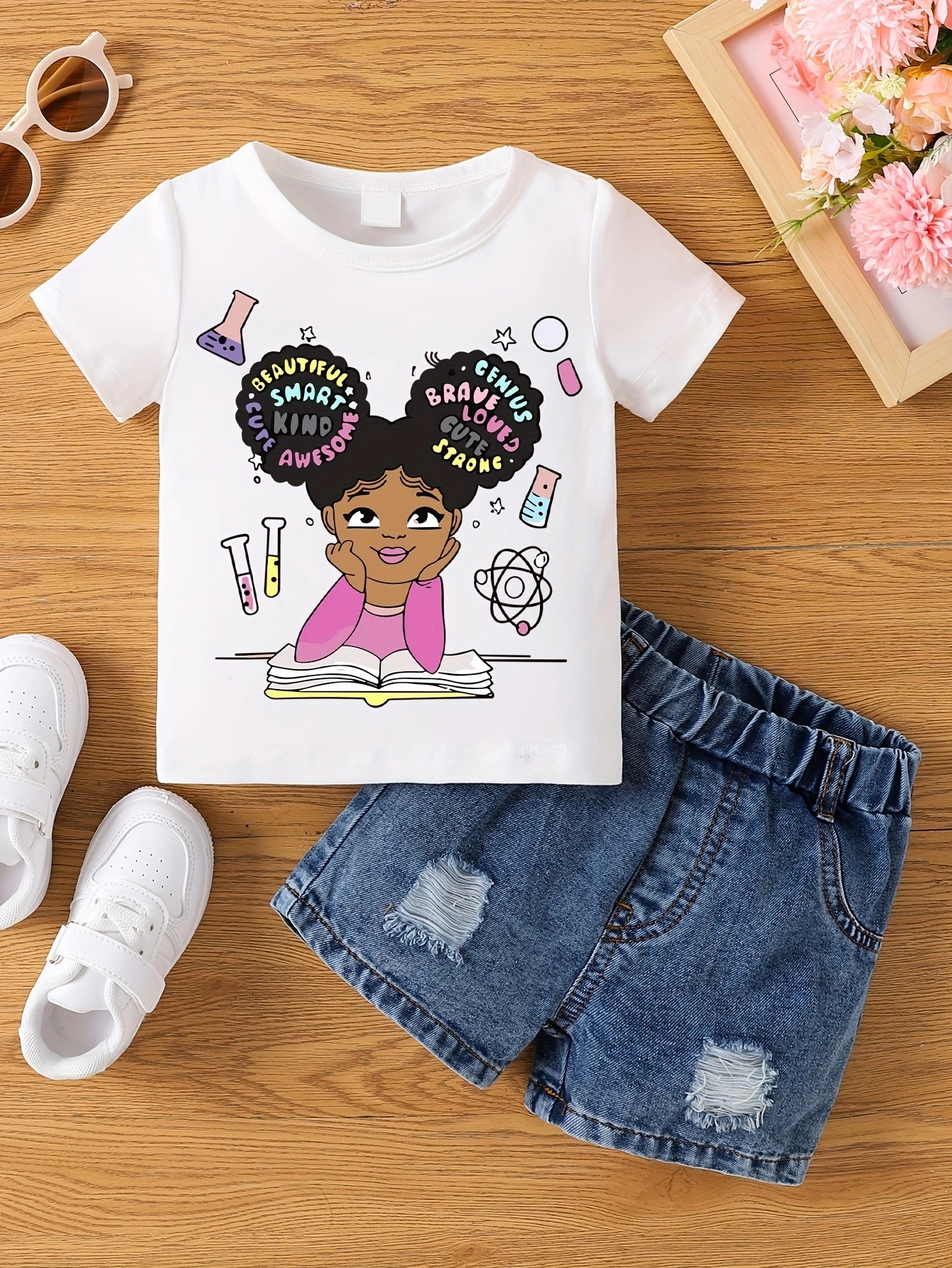 Aby Camisetas de verano para niños y niñas con cuello redondo y manga corta pintadas en caliente para niñas. Pantalones cortos no incluidos.