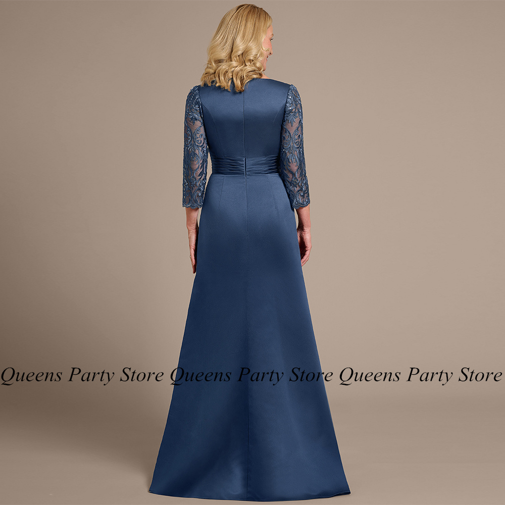 Spitze Satin Mutter der Braut Kleid Tintenblau Maßgeschneiderte 3/4 Ärmel Pailletten Applikation Abendkleid Mutter Hochzeit Party Kleider