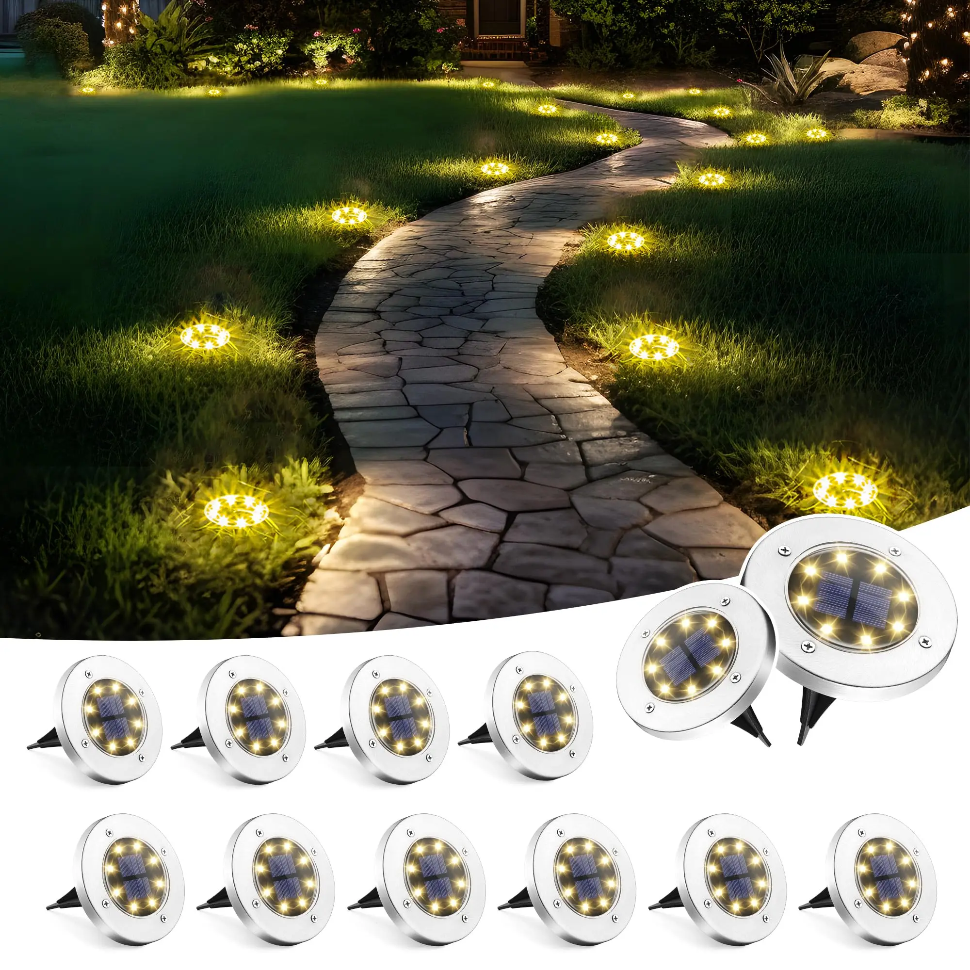 Luces solares de jardín de 8LED, disco de acera impermeable para exteriores, iluminación de paisaje empotrada en el suelo brillante para césped, Patio, camino, escalones de Patio