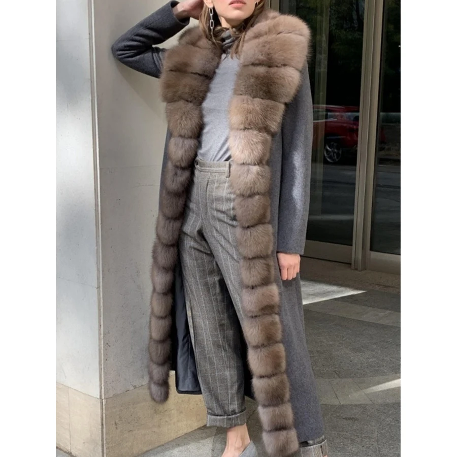 Damen Woll misch mantel mit Fuchs pelz Kaschmir Woll mantel Winter lange echte Fuchs Pelzmantel Luxus Neuankömmling 2024
