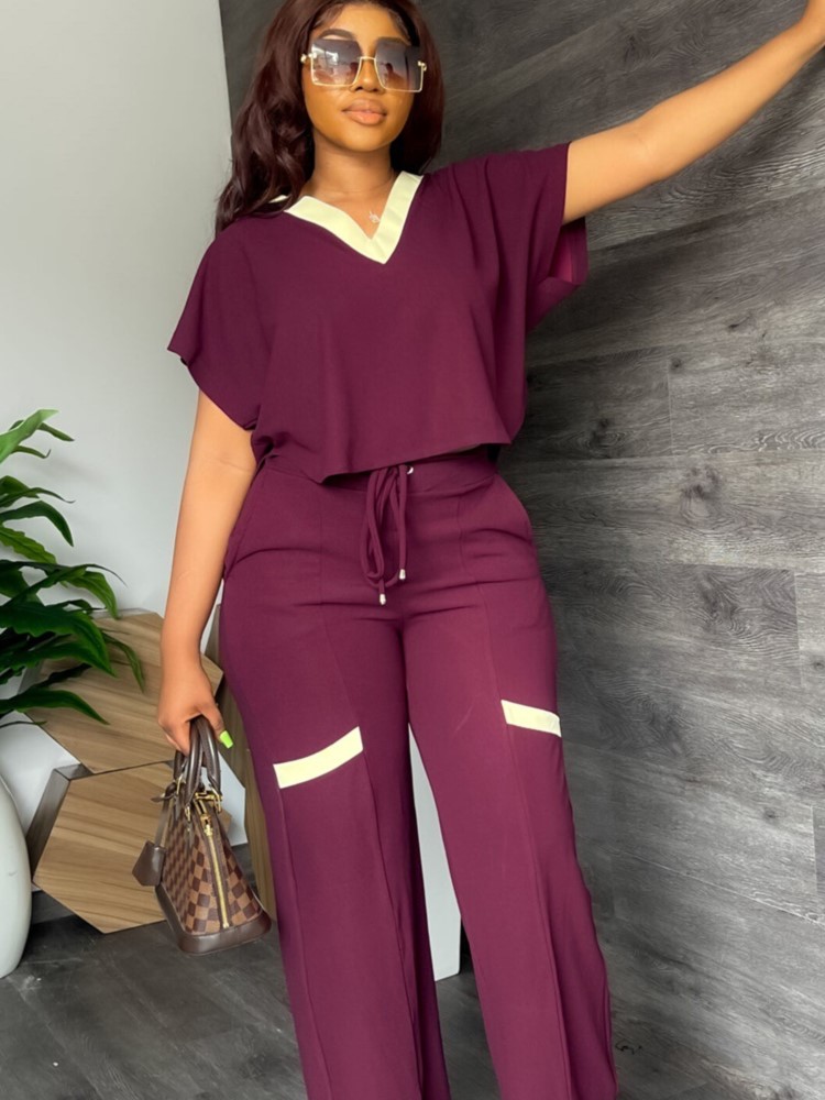 女性のカジュアルな半袖Tシャツとストレートパンツのセット,スポーツウェア,無地,Vネック,ショートトップ,サマーファッション,2個