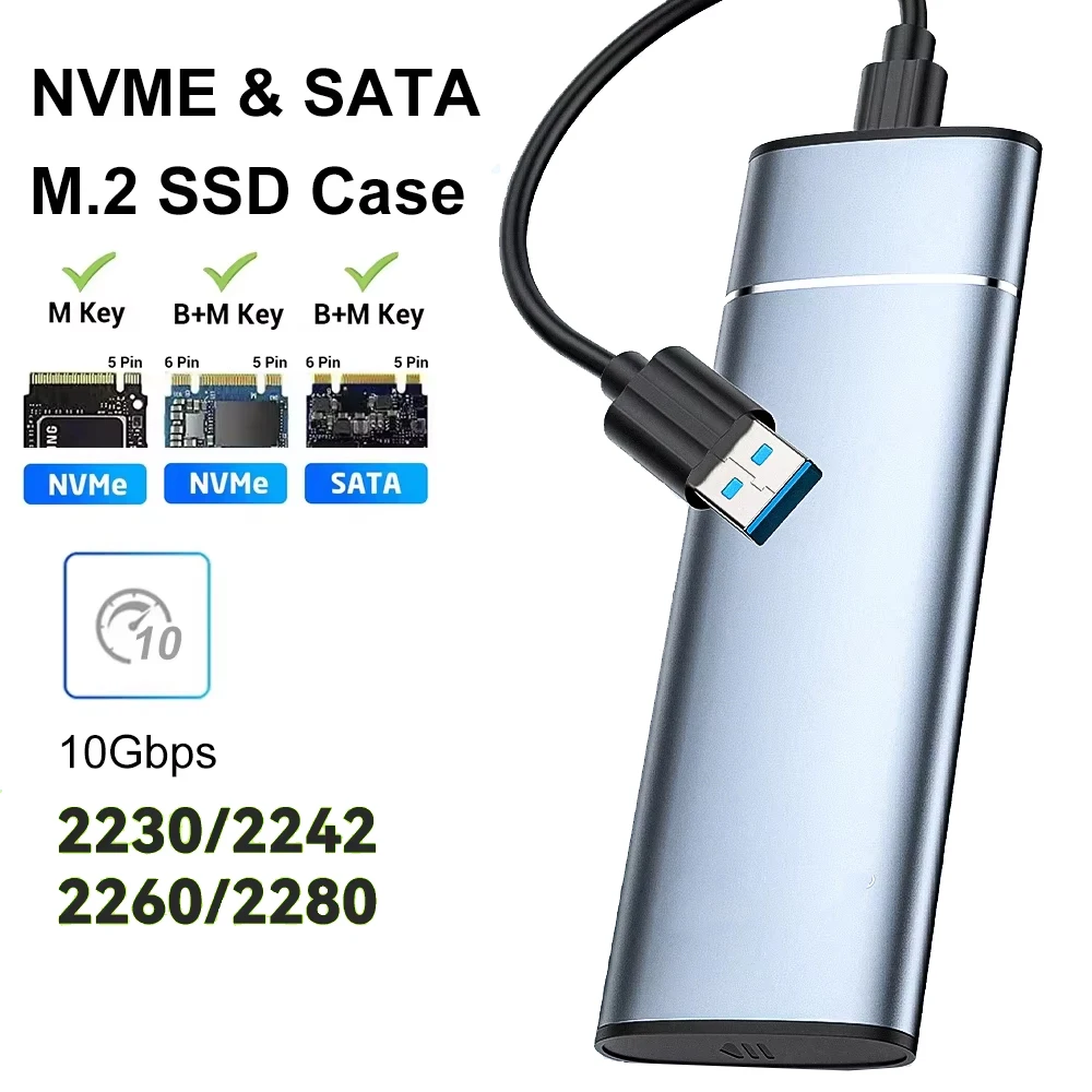 Корпус M.2 SATA NVMe 10 Гбит/с Внешний корпус SSD Тип C Адаптер жесткого диска USB 3.1 M.2 2230 2242 2260 2280 Коробка для хранения для ПК