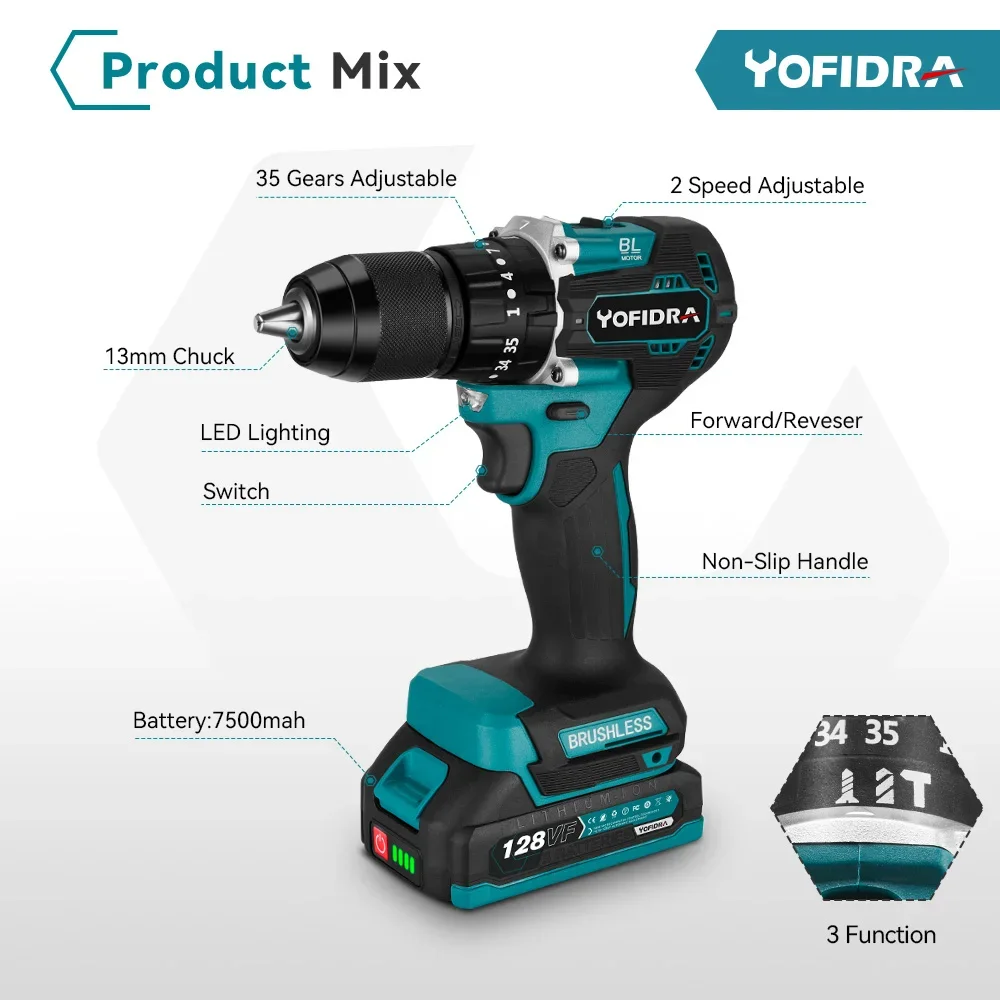 Yofidra 13MM 35 + 3 Drehmoment Bürstenlosen Elektrischen Schlagbohrmaschine Akkuschrauber DIY Power Tool Für Makita 18V batterie