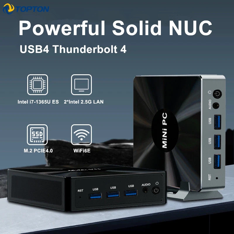 TOPTON Intel Nuc i7 1365U ES   Gaming Mini PC Thunderbolt 4 2*DDR5 2*i226-V 2.5G LAN Firewall Computer Windows 11 WiFi6E