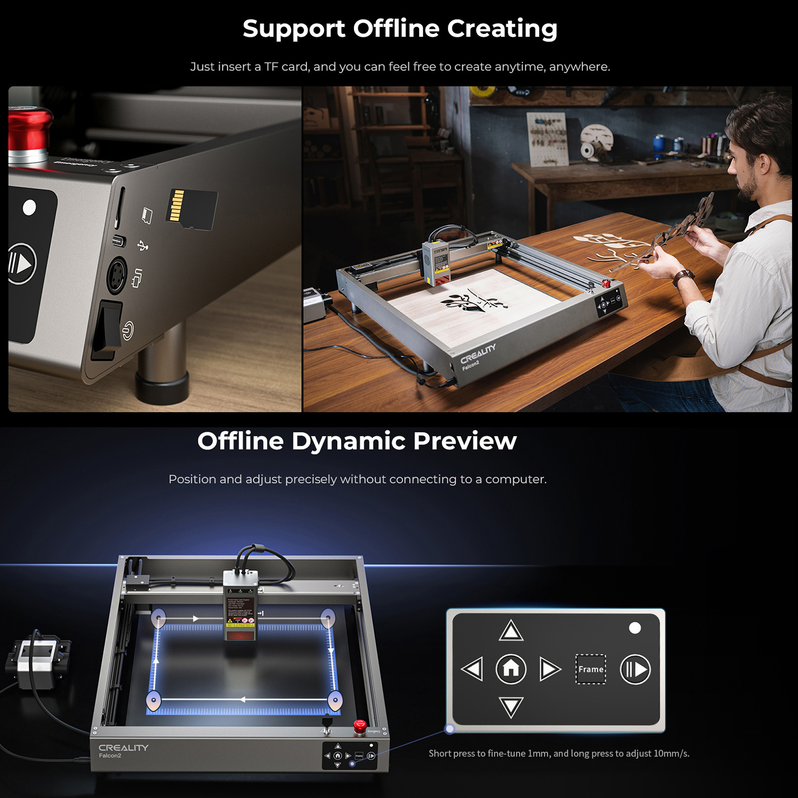 Creality Falcon2 Gravador a laser 40W Cabeça de laser com sistema de assistência de ar integrado Máquina de gravação e corte em cores offline