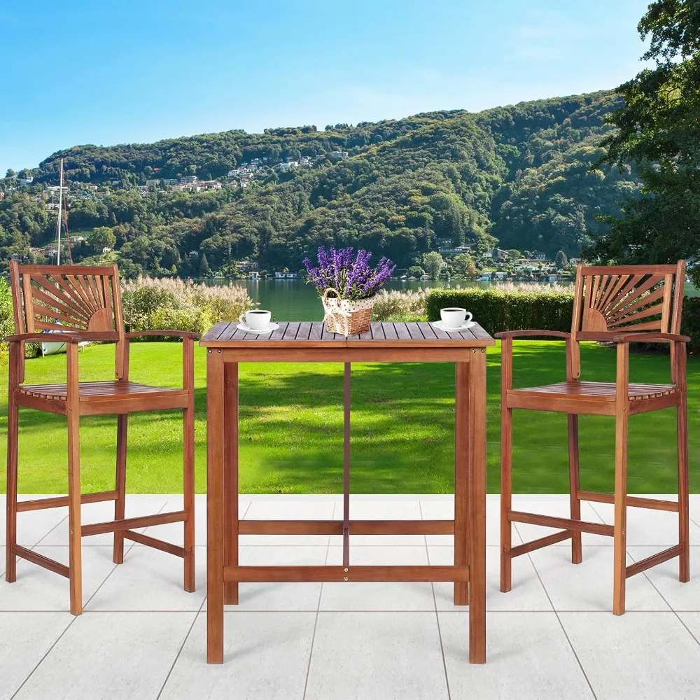 Outdoor Acacia Wood Dining Set, Spacious Tabletop, Comfortable Backrest, Suitable for Sunroom, Backyard Balcony, Space-Saving