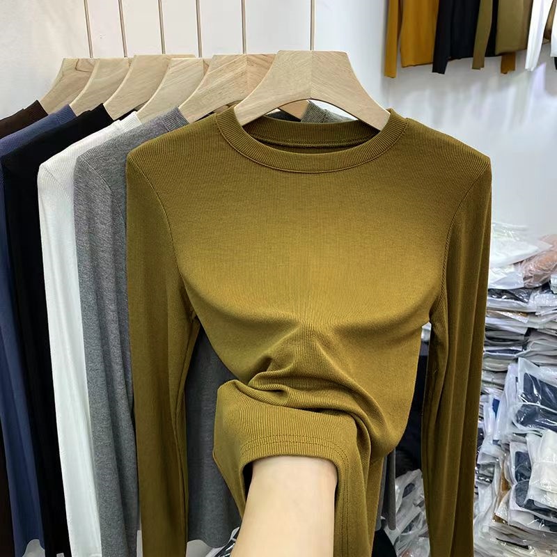 Outono senhora do escritório básico o-pescoço magro camiseta feminina sólida multi cor all-match tendência casual topo rosca manga longa elástica