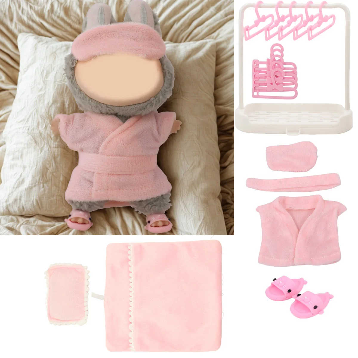 Cama e camisola de boneca para labubu 17cm, acessórios de roupas de boneca de pelúcia, brinquedos de menina, presente de natal