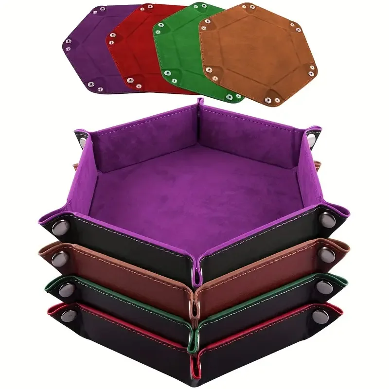 Bandeja de armazenamento dobrável de veludo de couro pu, bandeja de dados hexagonal, caixa de armazenamento de suporte de dados, cesta de armazenamento simples para jogo de dados, 1 peça