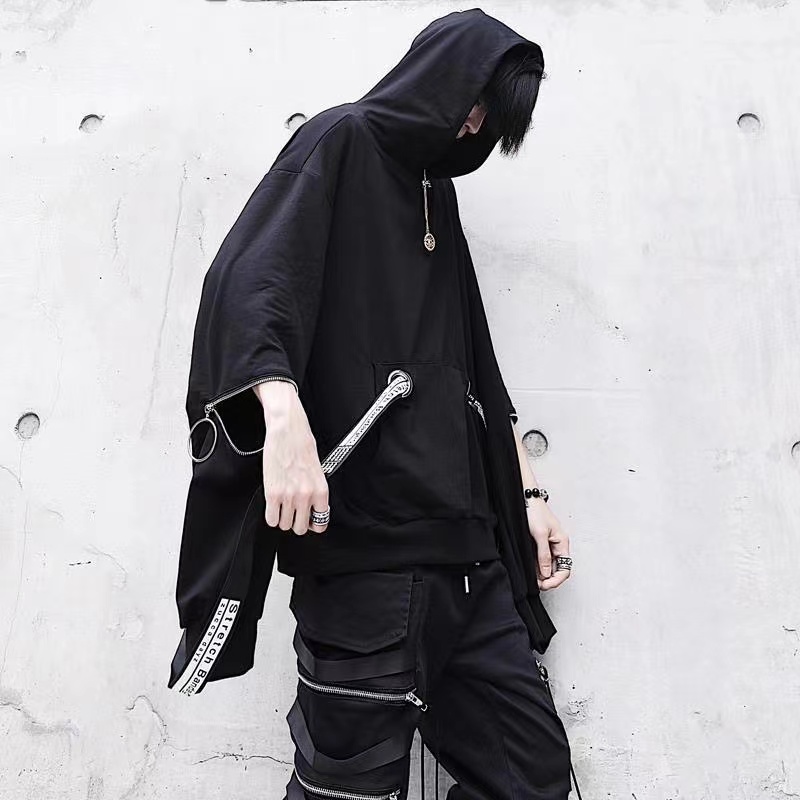 ผู้ชายชุดสีดําHoodies + กางเกงPunk Graphic Zipper Hooded SweatshirtsกางเกงCargoผู้ชายขนาดใหญ่หลวมStreetwearชุด