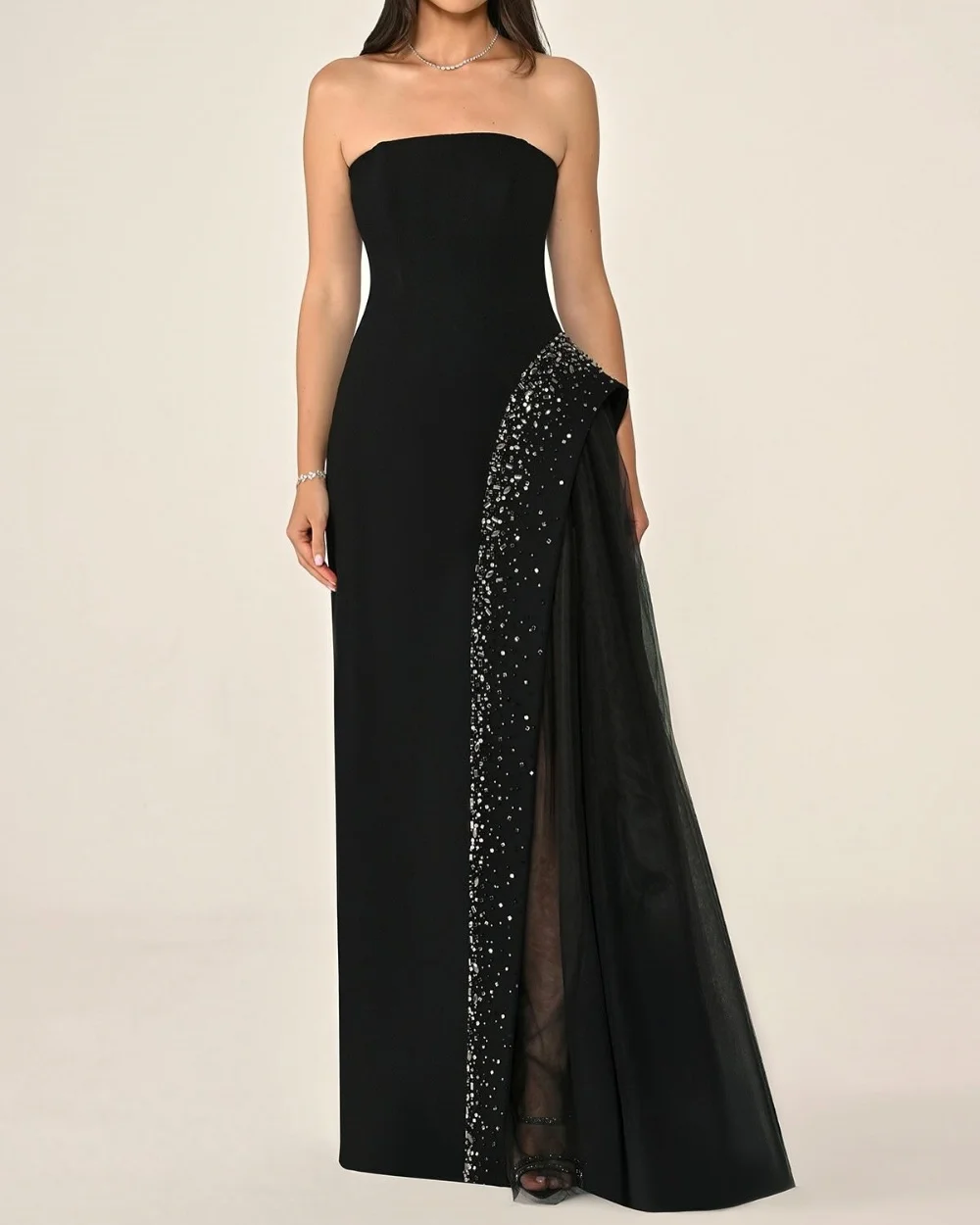 Maßgeschneiderte, moderne, formelle Jersey-Strassfalte, gerade, trägerlose, lange Kleider, maßgeschneiderte Anlasskleider, elegantes Retro-Kleid