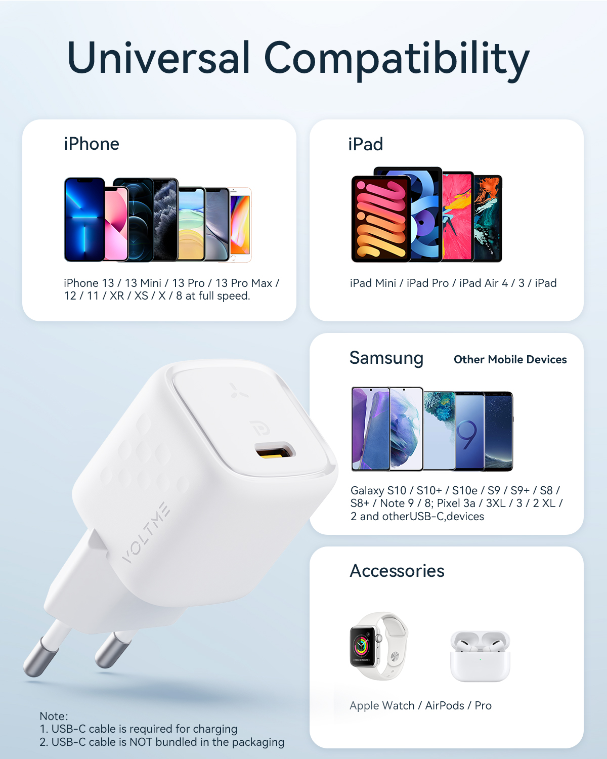 VOLTME 20W Mini USB Loại C Sạc Nhanh Quick Charge QC4.0 3.0 Dành Cho iPhone 12 Pro Samsung sạc Điện Thoại Xiaomi