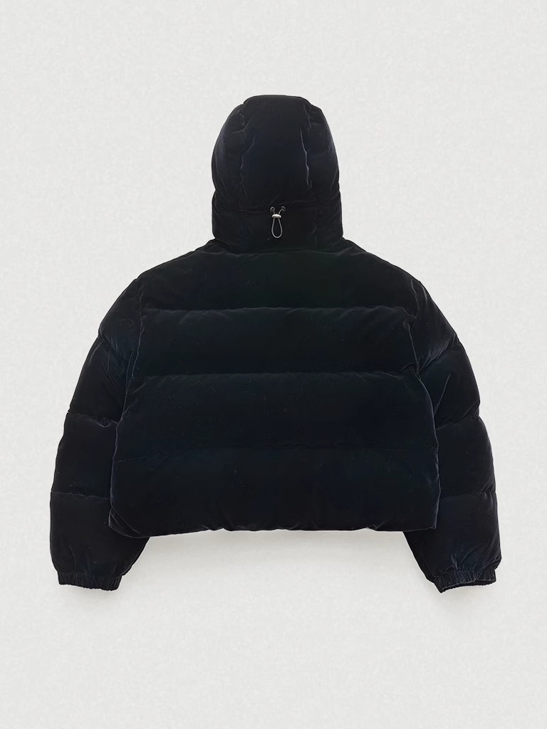 Jaqueta Ultra Curta com Capuz em Veludo Preto Barnnet Eight Milk, Casaco de Pluma de Pato com Zíper para Mulheres