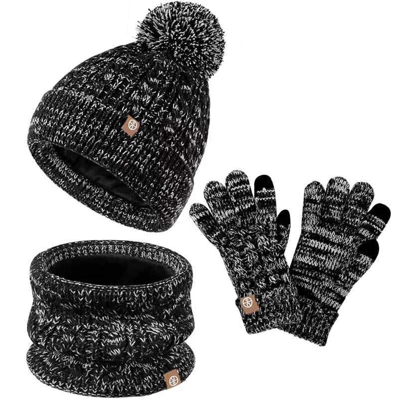 3 Stuks Wintermuts Set Voor Kinderen Mutsen Snood Handschoenen Kids Gilr Boy Winter Cap Dikke Pluche Voering Schattige Pompon