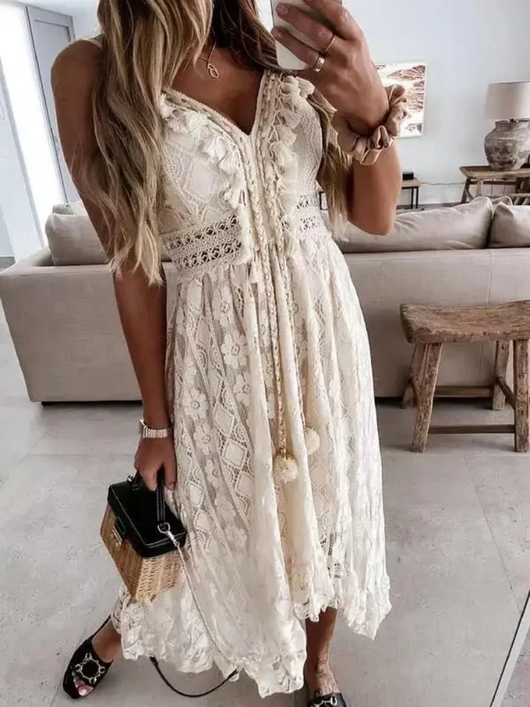 Vestido de encaje sin mangas para mujer, traje holgado con escote en V, elegante, Sexy, para vacaciones en la playa, 2024