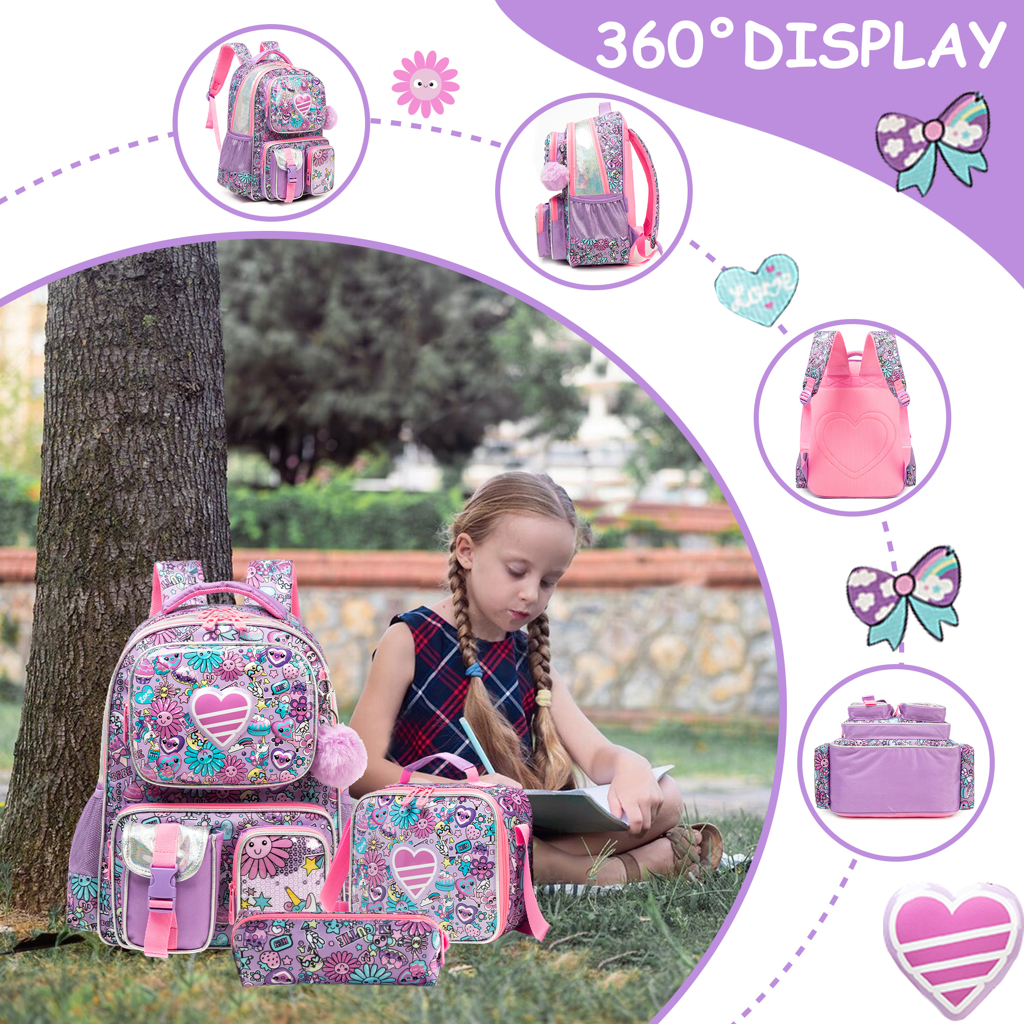 Mochila escolar para meninas com lancheira, estojo para lápis, design de casca dura com vários bolsos, alças ajustáveis para viagens escolares ou piqueniques