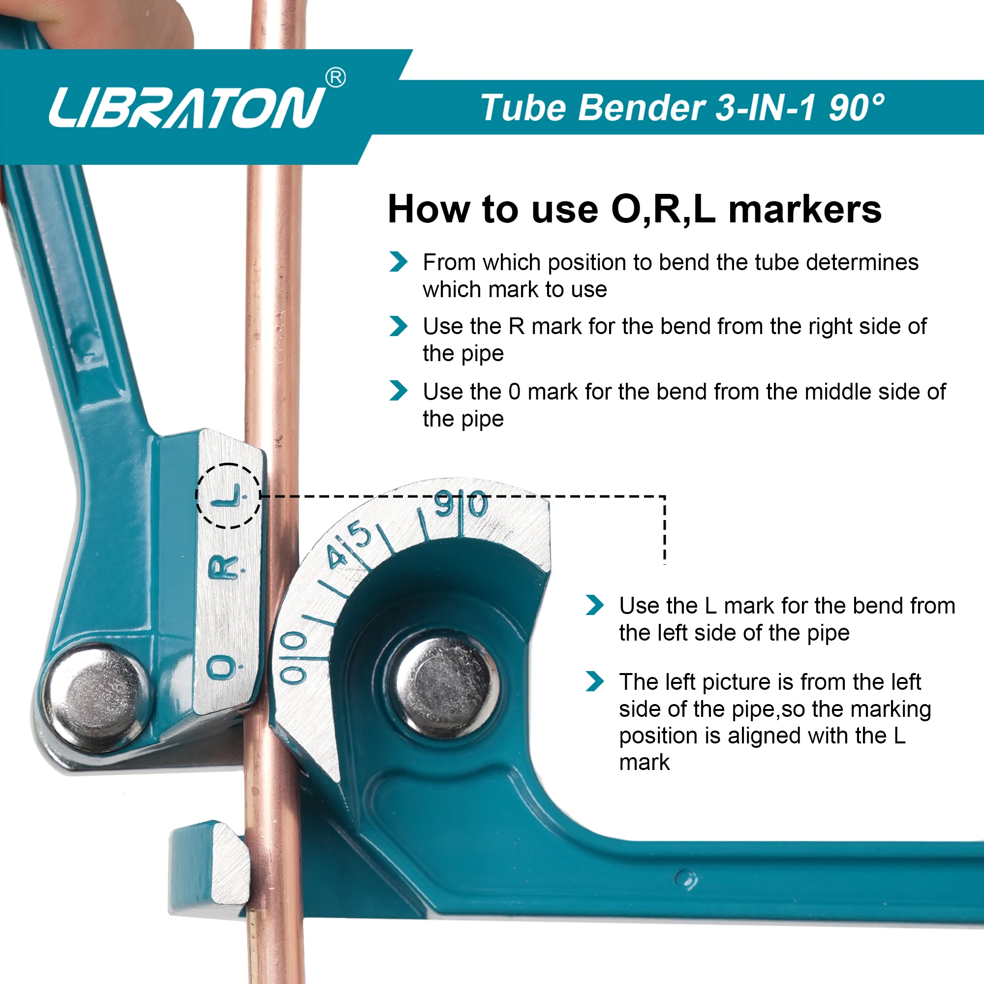 Piegatubi LIBRATON, Piegatubi, 3-IN-1, 1/4"(6mm), 5/16"(8mm), 3/8"(10mm), per tubi in rame, ottone, alluminio e acciaio sottile