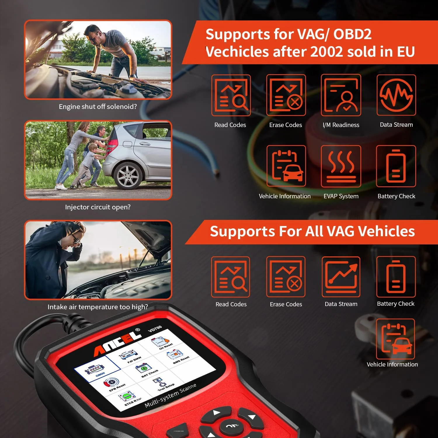 ANCEL VD700 OBD2 Scanner Auto Diagnose Werkzeug Volle System Fehler OBD2 Code Reader Unterstützung ABS/EPB/TPMS/DPF Für VAG VW Audi Skoda