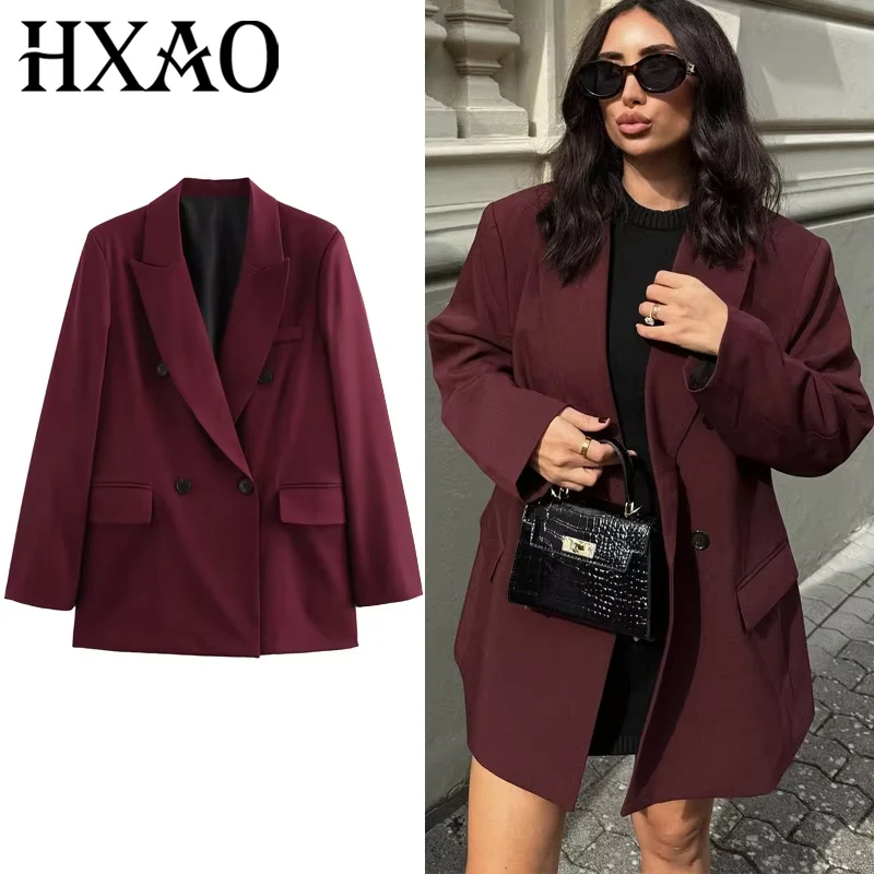 Hxao blazer feminino outerwears escritório wear feminino terno jaqueta outono manga longa borgonha blazers formal mulher minimalista blazer