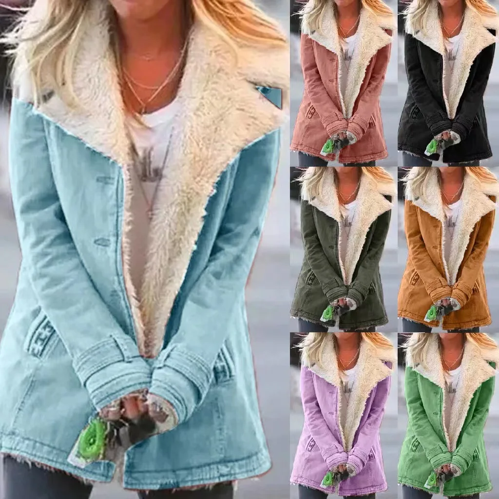 Frauen Herbst Winter Einfarbig Plüsch Revers Mantel Jacke Mode Lässig Parka Jacke