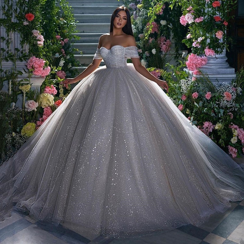 LORIE Shiny Glitter Princess Wedding Dresses A Line Off The Shoulder Bride Dress Sweetheart Neck Dubai Wedding Gowns Customized