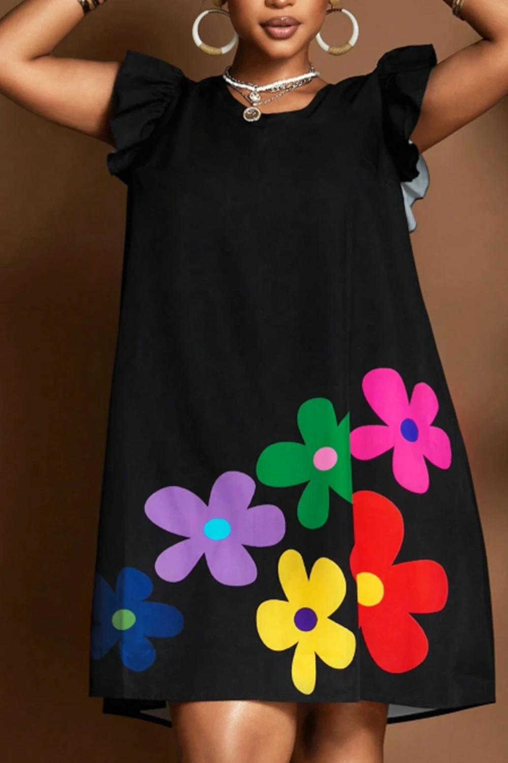 Damen-Minikleid in Übergröße, Rüschenärmel, Rundhalsausschnitt, Blumenmuster, Vintage, locker, lässig, elegant, Retro, Sommer-2025, Kleider