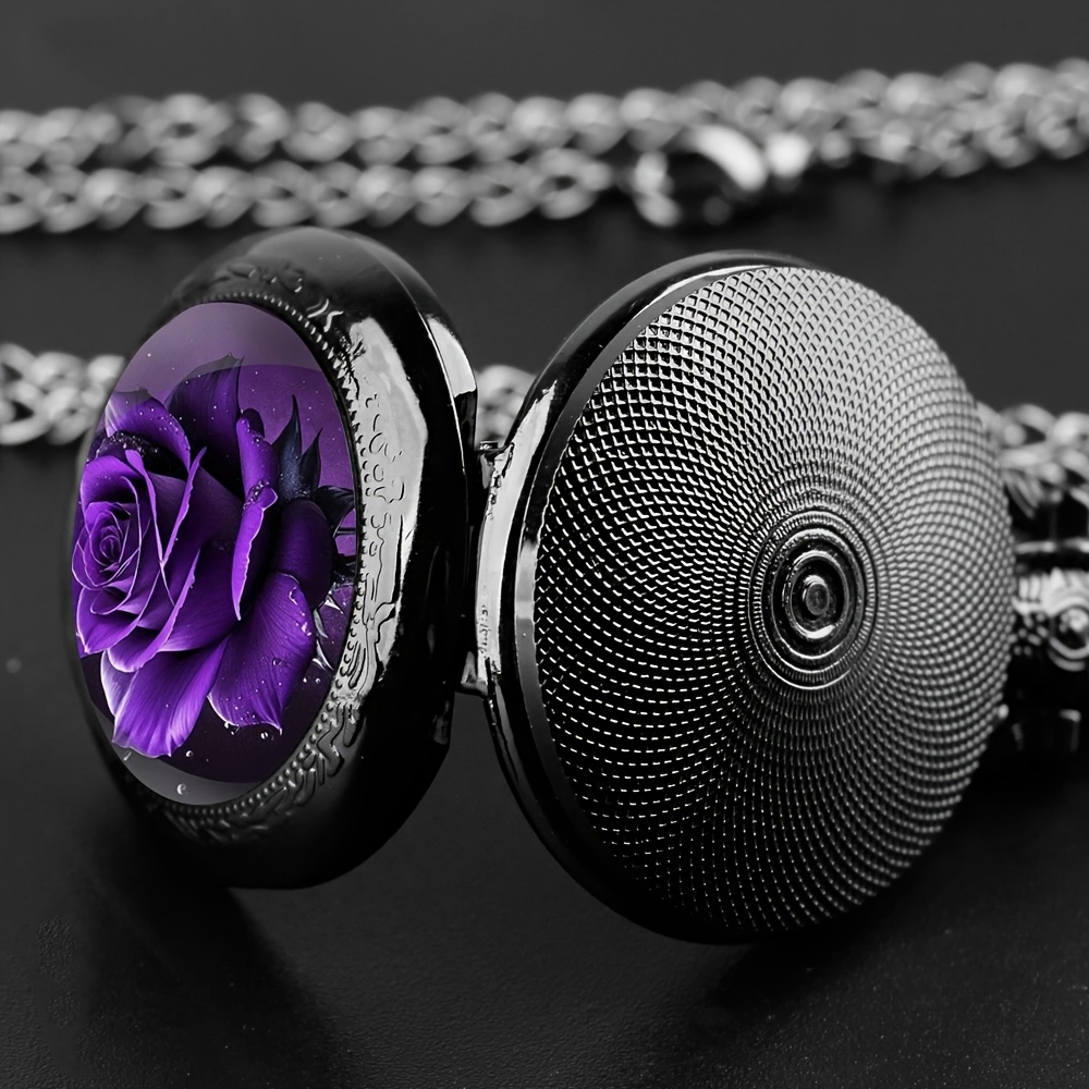 Damen-Quarz-Taschenuhr-Halskette mit lila Rosen- und schwarzem Glasanhänger, elegantes Blumendesign für lässige oder formelle Outfits