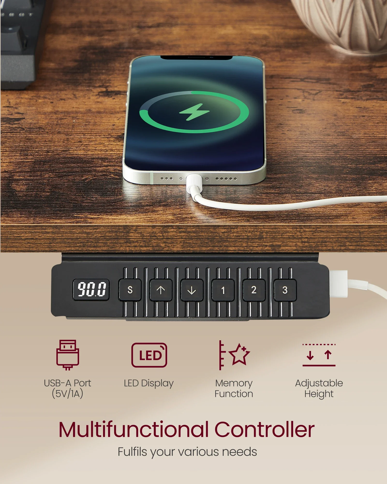 Electric Standing Desk with Built-In Power Strip, 60 x 120 x (72-120) cm, Adjustable Height