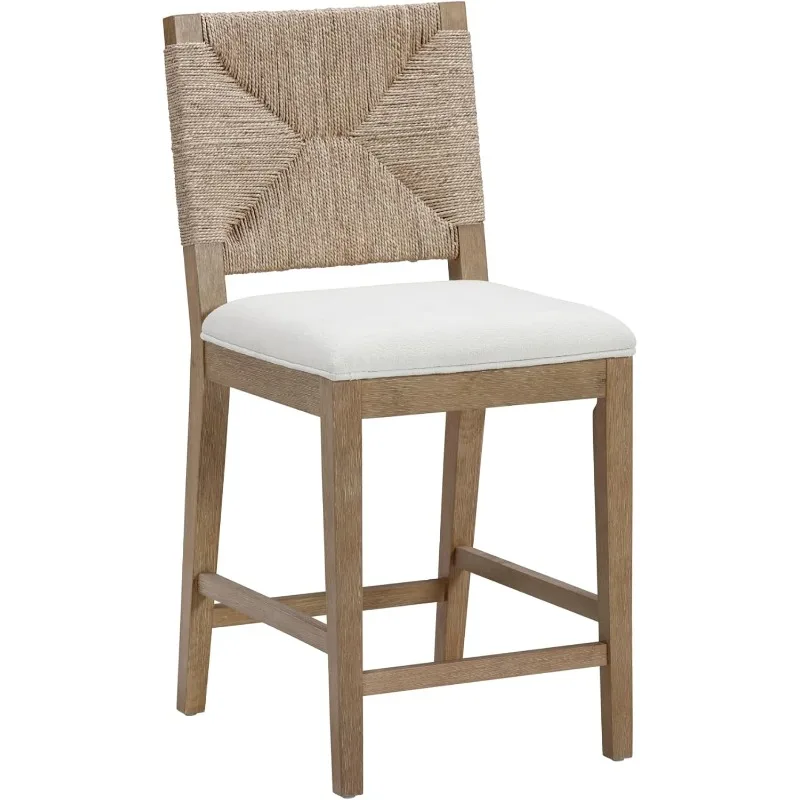 Nathan James Beacon Bohemian Boucle Bar Stool, Upholstered Counter Height Chair with Solid Wood Frame and Woven Seagrass Back fo