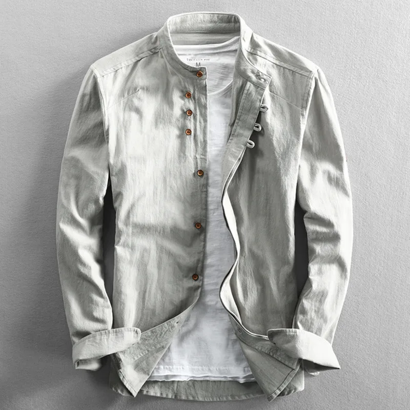 Camisa de algodón y lino de estilo japonés para hombre, Tops clásicos transpirables informales ajustados de manga larga con cuello levantado Harajuku de Color sólido para hombre
