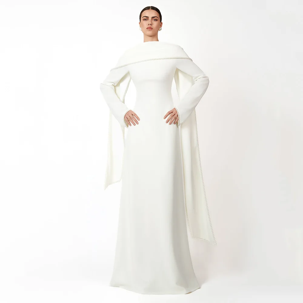 Modest Evening Dresses Long Sleeves O Neck A Line 2025 Women's Evening Gowns With Shawl Pearls Elegant Wedding Party Dress ivory